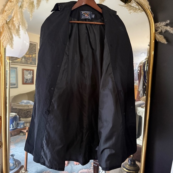 American Living Long Black Trench Coat with Collar & Back Storm Flap Vintage - Picture 8 of 16